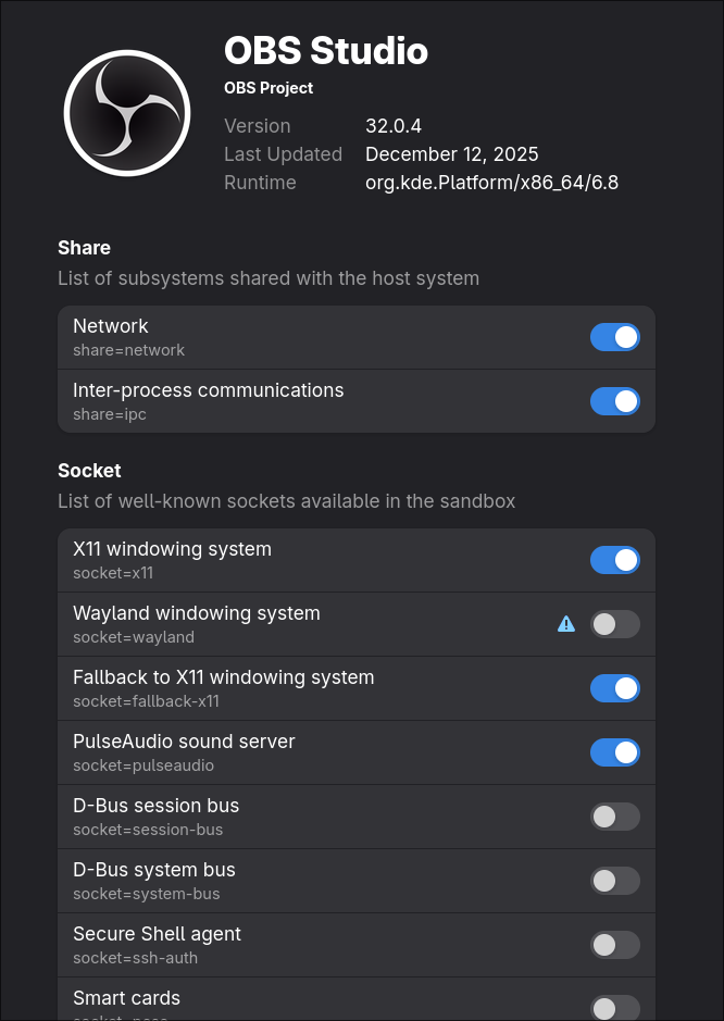 An image of Flatseal with the Wayland windowing system option disabled